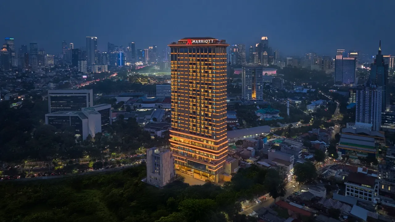 Casino-resort evening with a dining table and lounge lighting